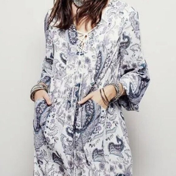 Free People | Rain Or Shine Lace Up Mini Dress Popover Floral Paisley Size XS - Picture 16 of 16
